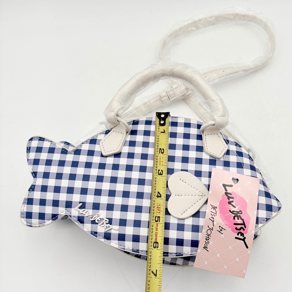 Luv Betsey LBFISH‎ Betsey Johnson Gingham Fish Crossbody Bag Navy Blue White - Picture 7 of 9